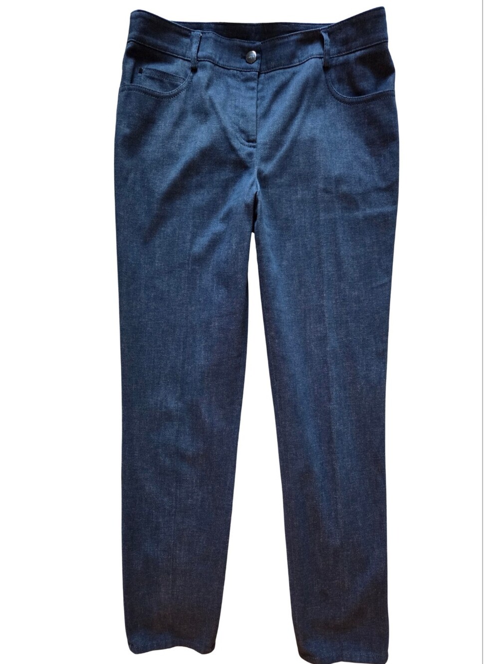 Akris Navy Linen With Denim-Look Slim Leg, Ankle Mid Rise 5 Pocket Sz 10